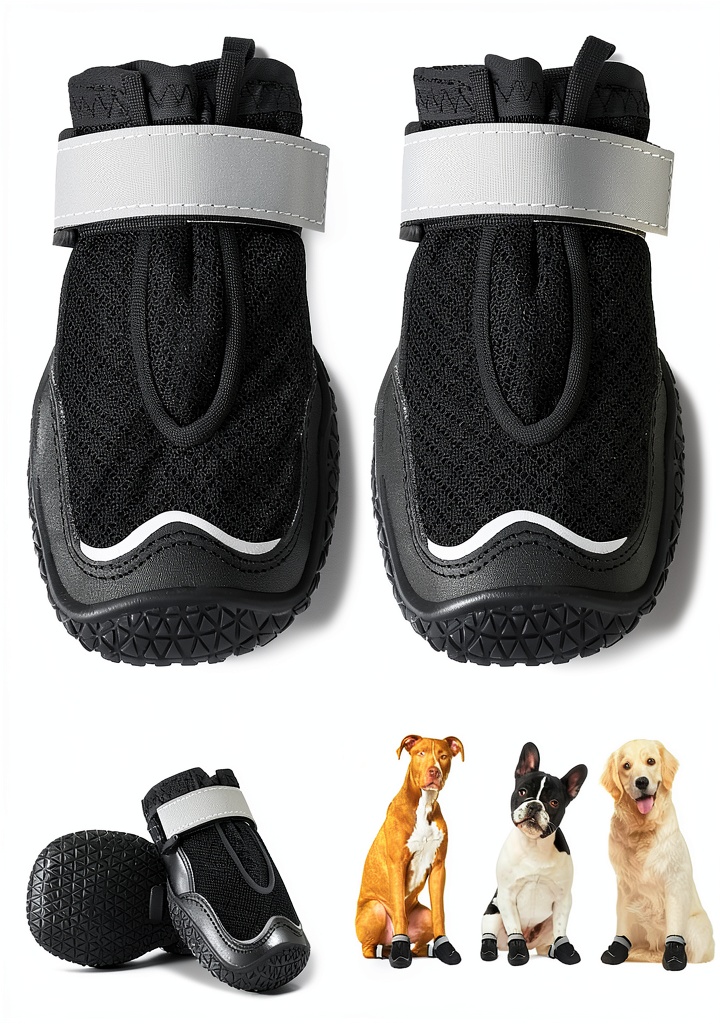 Installing HCPET Dog Boots Reflective Waterproof Outdoor Pet Shoes on a wooden desk