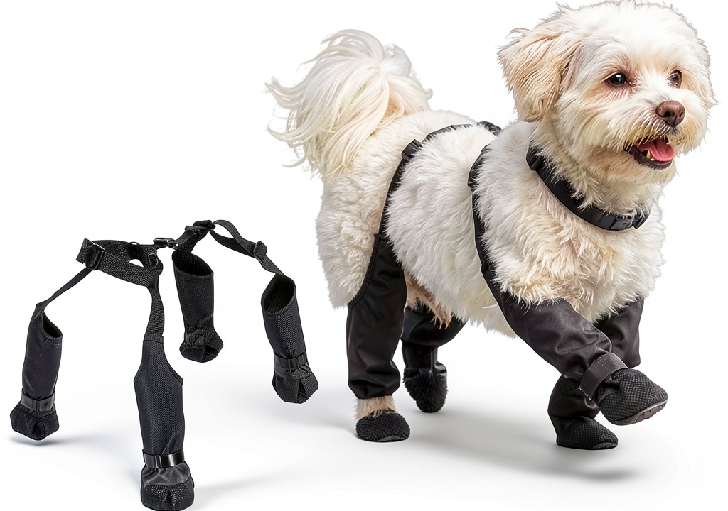 QINSHIYUE dog boots on a dog's paws in outdoor setting