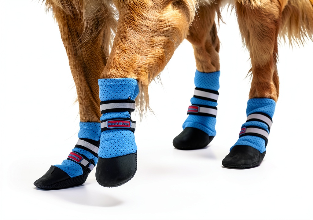 Bark Brite dog boots on a dog's paw during a walk