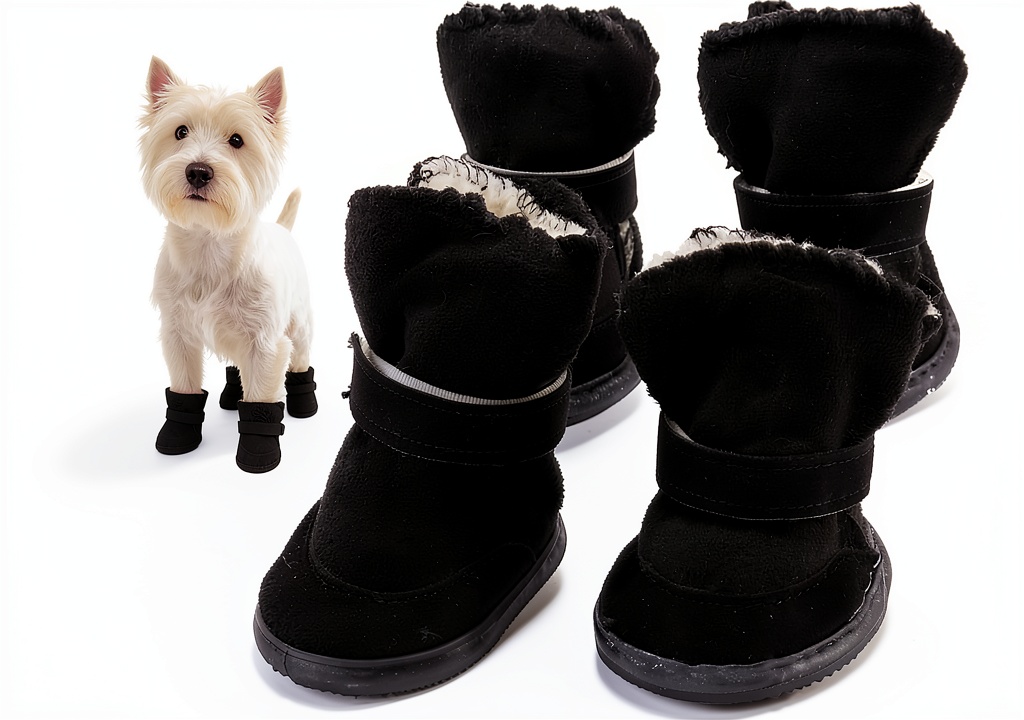 GabeFish dog boots on a small dog in a park setting