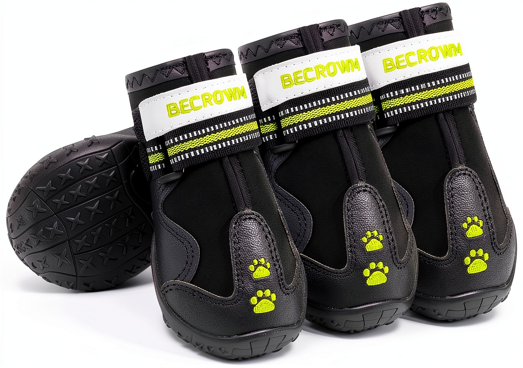 BECROWM dog boots on a dog's paws in snowy conditions