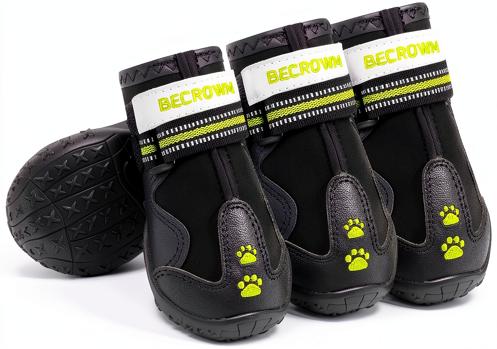 BECROWM dog boots on a dog's paws in snowy conditions