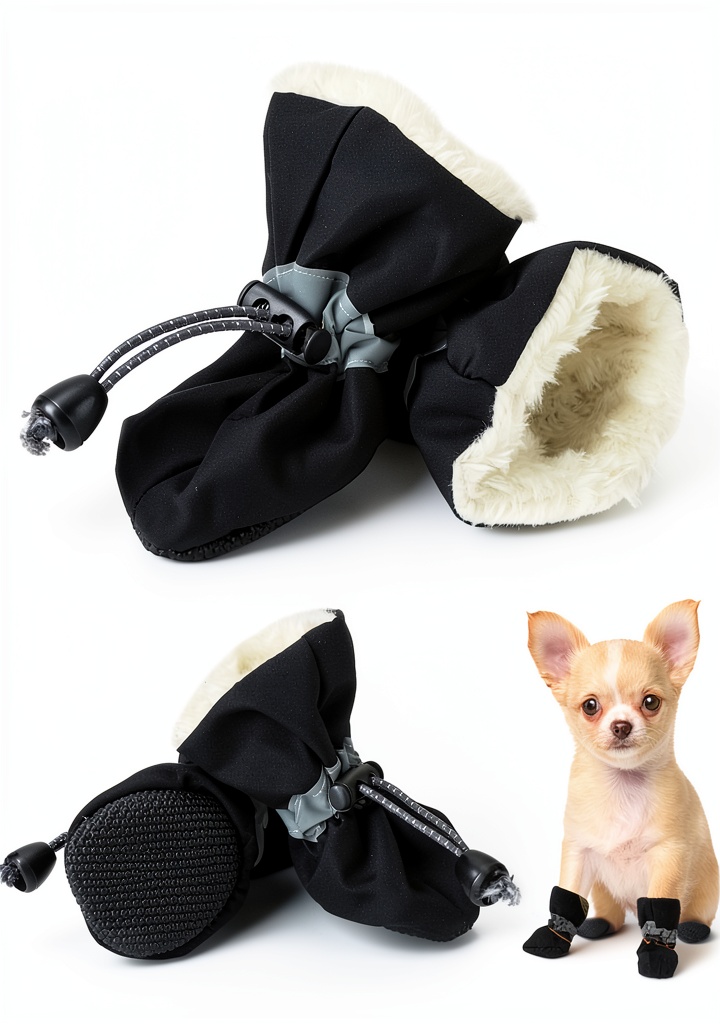 Installing Fecialy Nonslip Reflective Dog Boots on a wooden desk