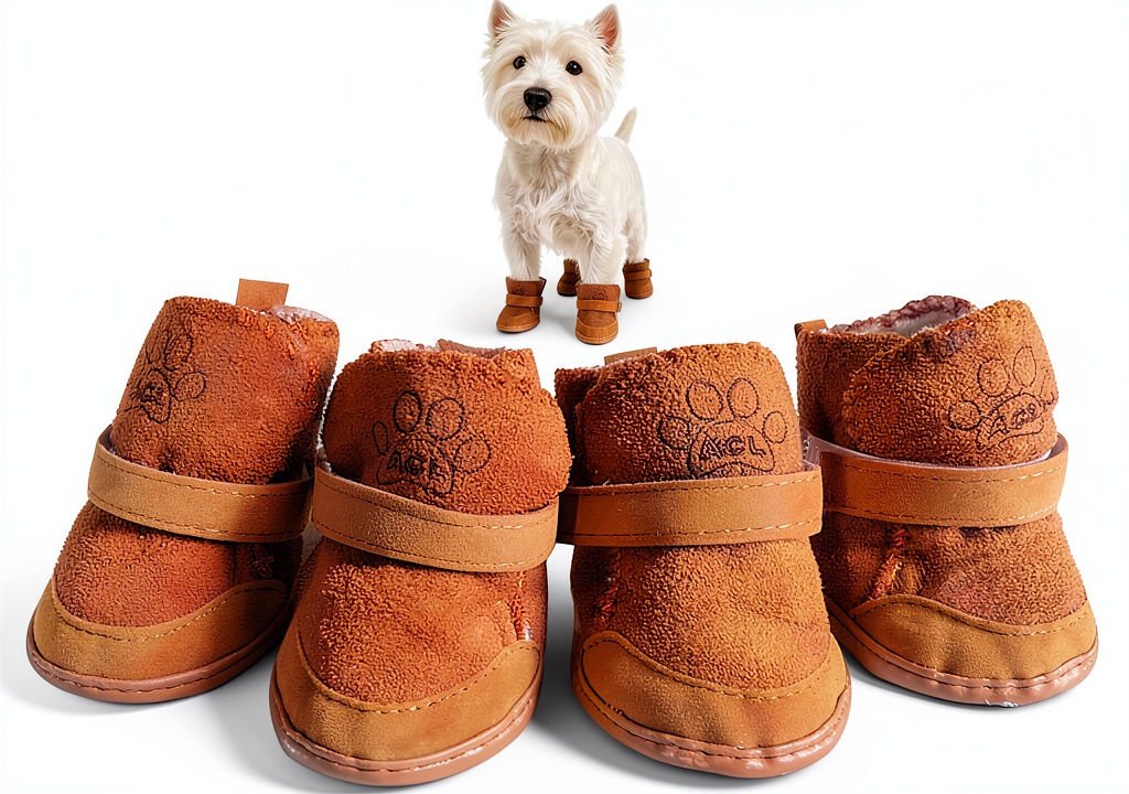 Installing GabeFish Dog Boots Washable Anti Slip Small Breed Pet Shoes on a wooden desk