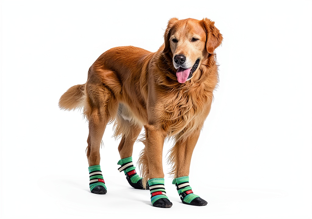 Bark Brite dog boots on a dog's paw during a walk