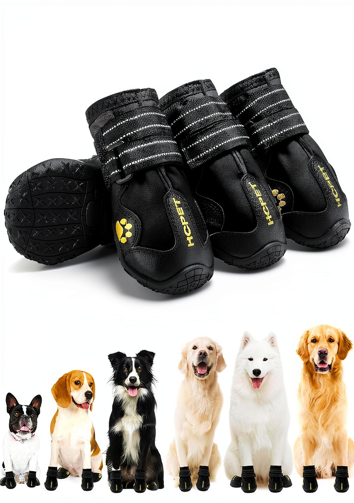 Hcpet dog boots in various colors and sizes displayed on a grassy background
