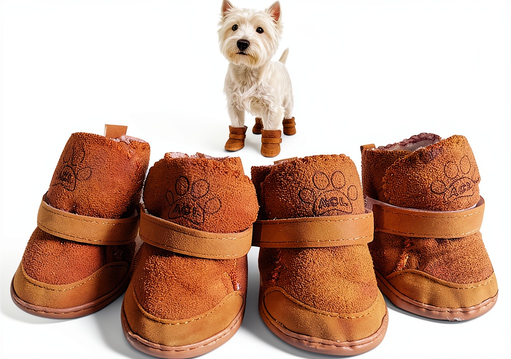 GabeFish dog boots on a small dog in a snowy setting