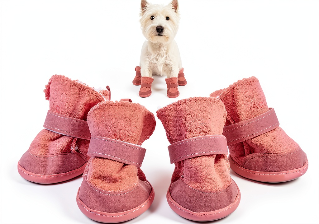GabeFish dog boots on a small dog in outdoor setting