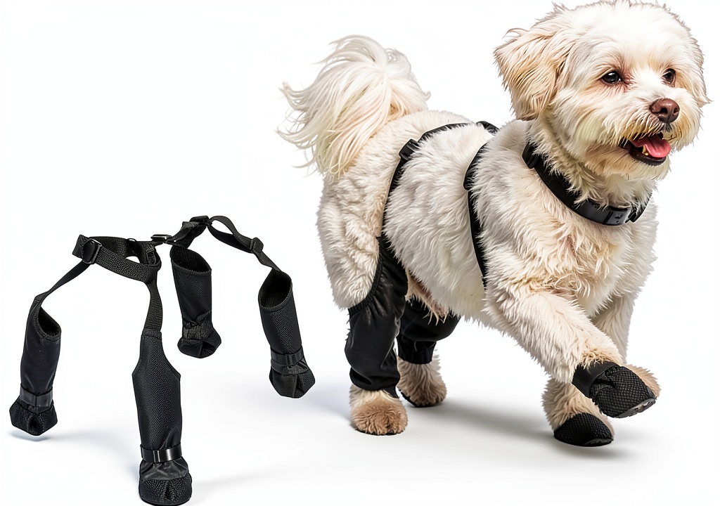 QINSHIYUE dog boots on a dog's paws in outdoor setting