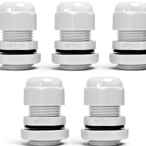 1/2" NPT Cable Glands - IP68 Waterproof, Adjustable Locknut for 6-12mm Cables, Nylon PA66 (5-Pack, White) - Ideal for Junction Boxes, Outdoor & Industrial Cable Management-0
